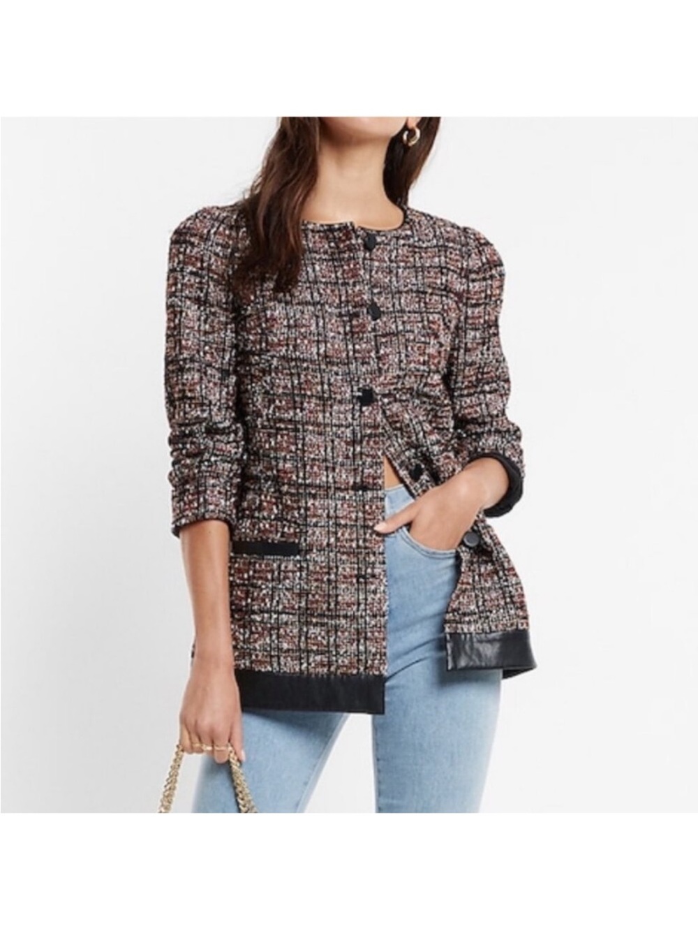 Express NWT Metallic Plaid Tweed Bouclé Jacket Faux Leather Trim XL